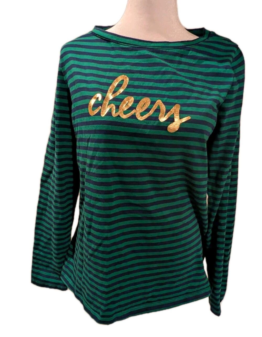 Talbots Cheers Green Blue Striped Long Sleeve Cotton Tee Top Shirt Size Medium